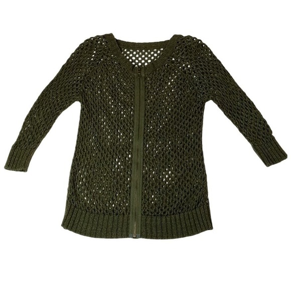 Sweaters - Chic Open Knit Zip Front‎ Cardigan Olive Green Womens Lightweight Layering